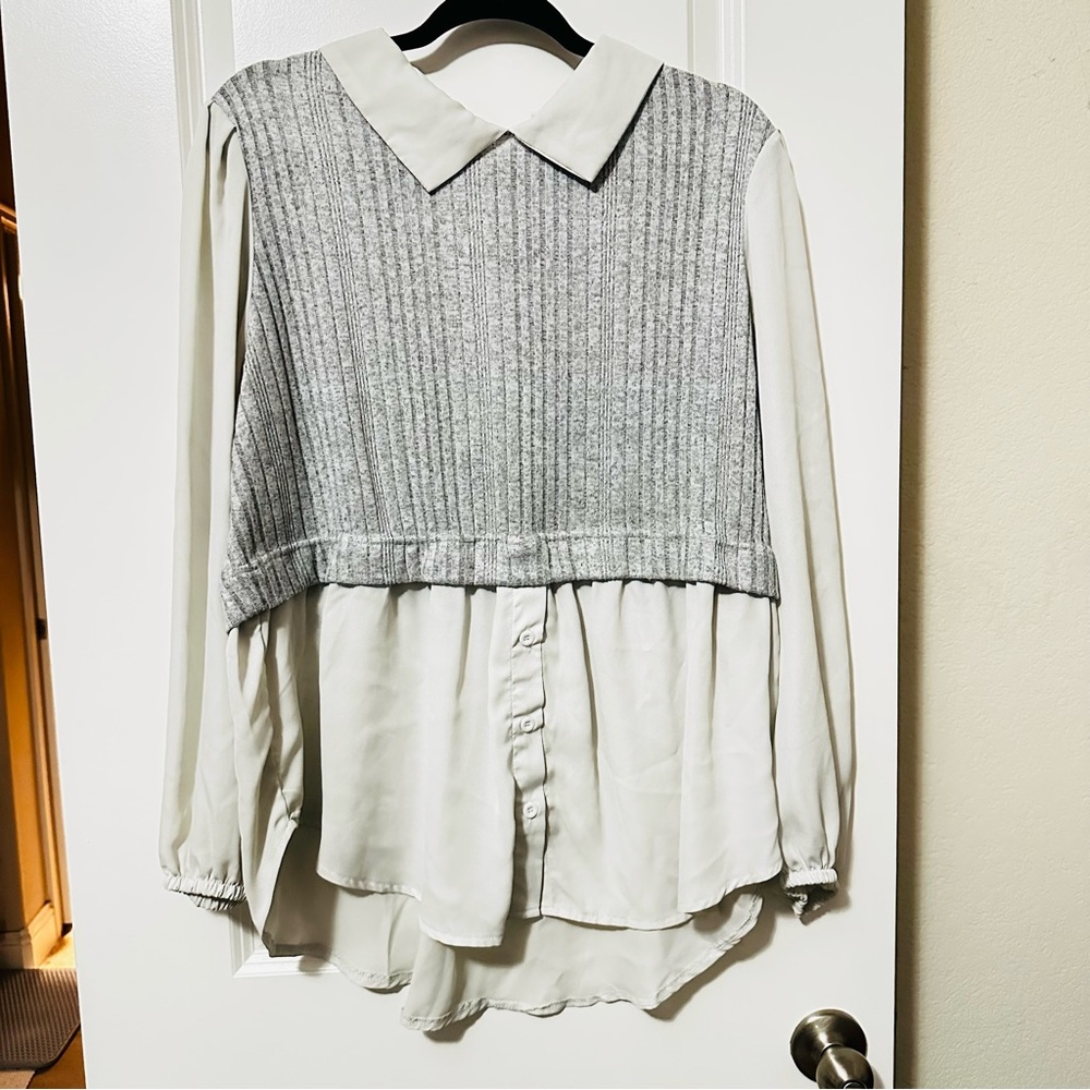 Layered Sweater Blouse • Grey Knit + Off White Chiffon • Size 3X